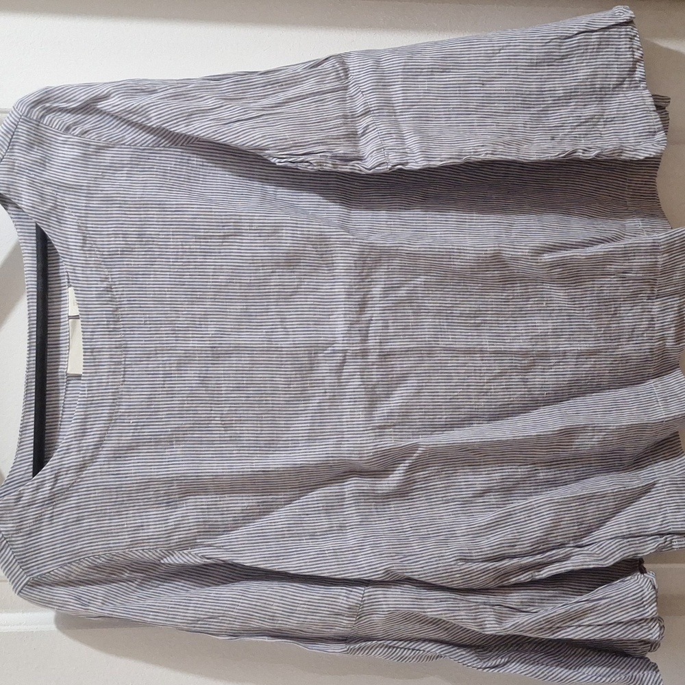 Cynthia Rowley Women's 100% Linen Blouse Striped Blue Bell Sleeve Boho‎ Size L